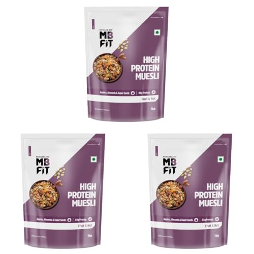 Image of MuscleBlaze Fit High Protein Muesli (1kg, Fruits & Nut) | 22g Protein | With Apple, Almonds & Super Seeds, High Protein Breakfast Cereals (Pack of 3)