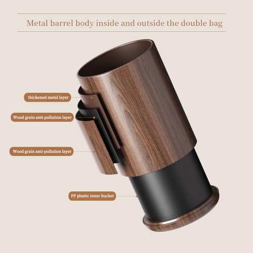 Image of 8L /2.1GAL Dark Brown Modern Metal Waste Bin with Realistic Wood Texture,Built-in Bag Holder,Office Trash Can,Open-Top Trash Bin,for Bathroom,Home,Office,Living Room (2.1gal Round)