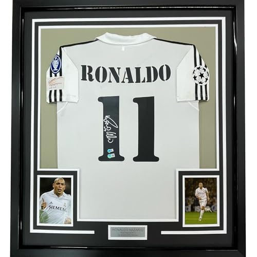Framed Autographed/Signed Ronaldo Nazario 35x39 Real Madrid White Soccer Jersey Beckett BAS COA