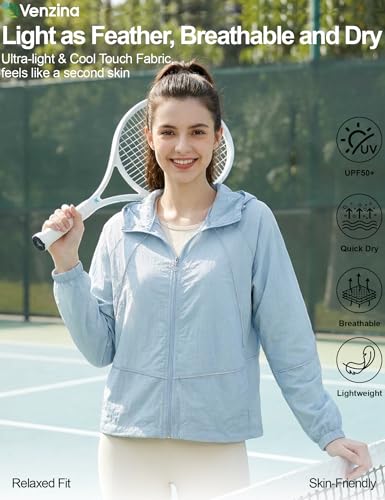 Image of Venzina UPF 50+ Women's Slim-Fit Sun Protection Hoodie -Lightweight & Breathable Summer Jacket with Reflective Trim, Adjustable Hem for Outdoor, Commute, Sport, Travel