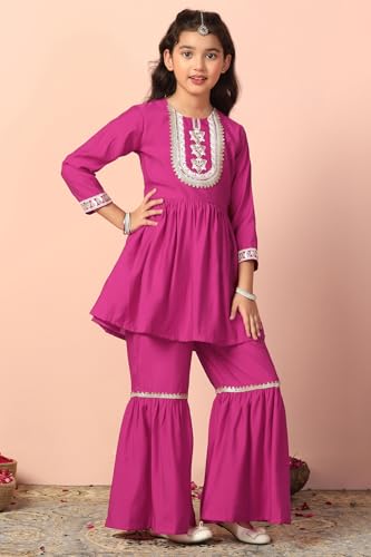 Image of Fashion Dream Girl's Chanderi Silk Ethnic Kurta and Sharara Set|Kids Salwar Suit Set|Sharara Set for Girls