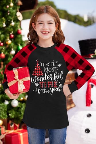 Image of BesserBay Girl's Christmas Buffalo Plaid Raglan Top Funny Holiday Graphic Shirt 4-14 Years