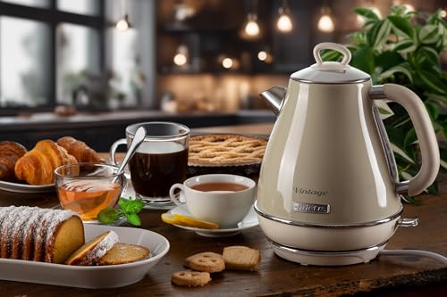 Ariete Bouilloire Vintage 2869, Bouilloire Électrique avec Niveau D'Eau Visible, Base Sans Fil 360°, Arrêt Automatique, Filtre à Thé, Capacité 1,7 L, Acier Inoxydable, 2000W, Beige