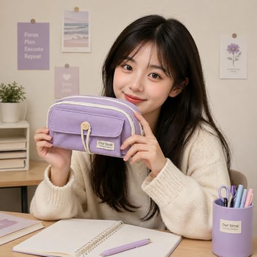 Image of Kawaii Cute Aesthetic Pencil Case for Girls & Boys | 3 Layer 6 Compartment Large Capacity Pencil Pouch with Zipper | Cartoon Stationery Organizer Bag for Students & Kids (Purple)