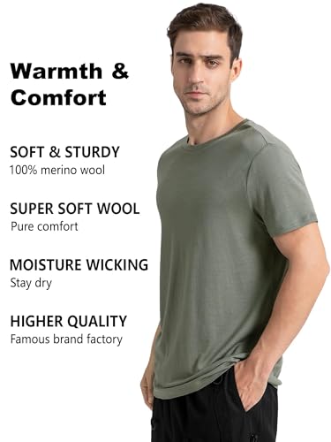 innotree Men's Merino Wool T-Shirt, 100% Organic Merino Wool Undershirt Lightweight Crew Short Base Layer for Hiking,Dark Green,Large4
