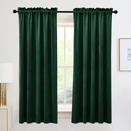 Image of RYB HOME Velvet Curtains 63 inches for Bedroom & Cafe | Thermal Insulated, Privacy, Sunlight UV Heat Blocking, Laundry Office, Hunter Green, W42 x L63, 2 Panels Set