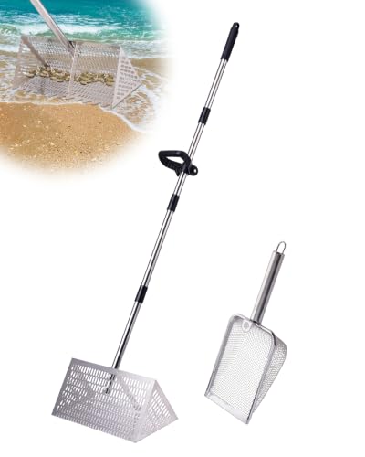 Sand Flea Rake 16 Wide - Detachable 54 Handle with Shark Tooth Screen - Steel Beach Rake for Fishing Bait Shelling Yard Cleaning
