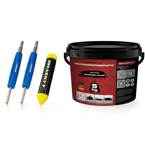 HASKYY 5kg Reifenmontage Montagepaste Schwarz Paste Montagewax Set inkl. 2X Ventileindreher und Fettkreide - Universal Satz für Reifenmontage