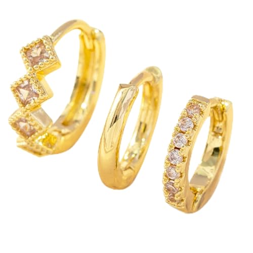 Juego de aretes de aro de oro para mujer, chapados en oro real, gruesos y pequeños, aretes de tuerca con circonita cúbica, aretes colgantes de moda para mujer, talla única, Metal, Sin piedra preciosa