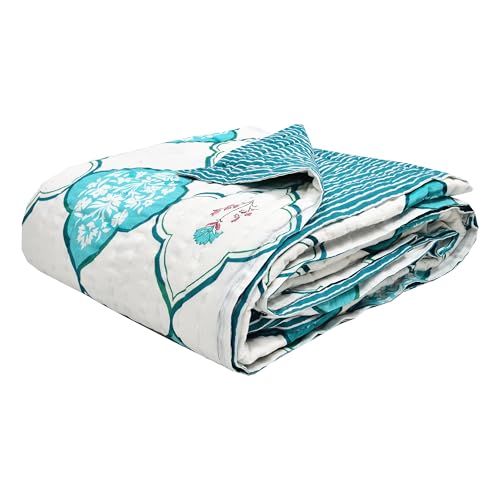 Image of BLOCKS OF INDIA Hand Block Printed Cotton King Size Quilt /Rajai | MUGHAL Turquoise