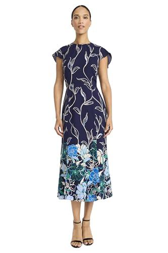 Image of Maggy London Women's Women's Floral Print Flutter Sleeve High Neck A-line - Elegant Midi Cocktail Dress