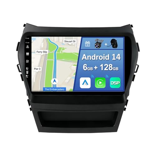YUNTX [6GB+128GB] Android 14 2 DIN Autoradio para Hyundai IX45 Santa Fe 2013-2018-[Integrado CarPlay/Android Auto/DSP/GPS]-IPS 9 Pulgada Touch Screen-CAM+Mic-Dab/Bluetooth 5.0/AHD Cámara