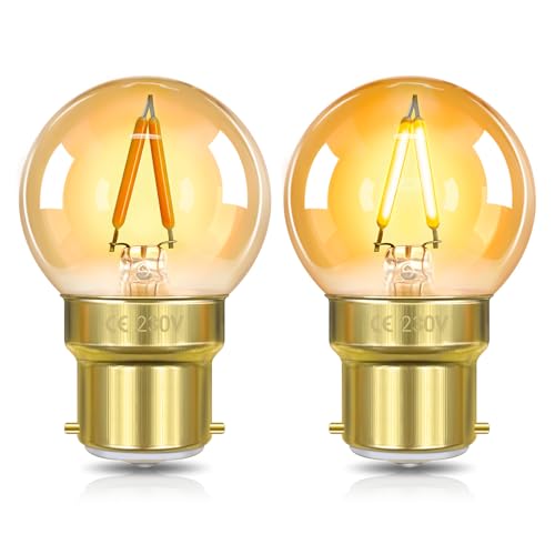 SCNNC G40 B22 Vintage LED Light Bulbs Bayonet Golf Ball 1W 230V Warm White 2200K, 10W Equivalent, Low Watt G40 Mini Globe LED Amber Night Light Bulb B22 for Chandeliers, Non Dimmable, 2 Pack