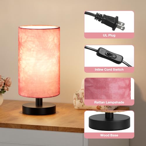 Image of Fenmzee Small Table Lamp for Bedroom - Inline Control, Bedside Lamp with 3000K A15 LED Blub, Easy Assembly (Pink Shade - Black Base, 9 inch Inline Control)
