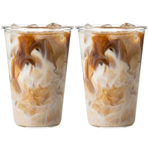 Image of PEBELLIFEWARE Aesthetic Glass Coffee Mugs (Set of 2) - Premium Borosilicate Clear Drinking Glasses for Iced Coffee, Matcha, Smoothies - Microwave & Dishwasher Safe (Conical Matcha 345ml)