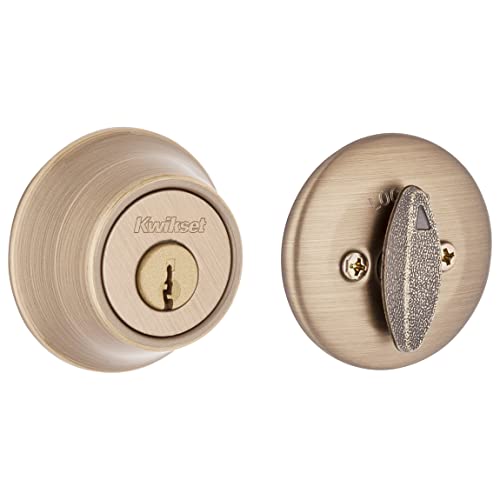 Kwikset 660 Deadbolt Deadbolt Lock, Antique Brass Round Exterior Keyed Front Entry Door, Single Cylinder Dead Bolt, with Microban Protection