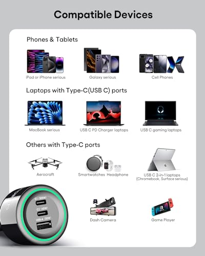 Image of 175W 3-Ports USB C Car Charger with Color-Changing LED Indicator, PD3.0 100W 65W PPS45W Fast Charging, Compatible with iPhone 17 16 15 Galaxy S25 S24, Pixel, MacBook, iPad & Type-C Laptops