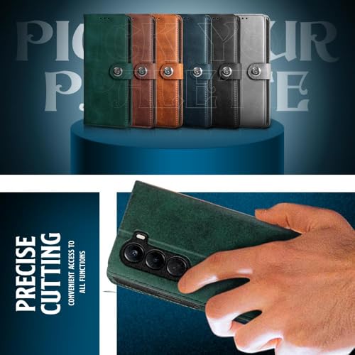 Image of WOW IMAGINE Shock Proof Flip Cover Back Case for 1+ OnePlus Nord CE 6 Lite 5G (Magnetic Button Flip Case | Wallet Pockets & Stand | Leather Finish | Forest Green)