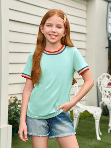 Image of Haloumoning Girls Short Sleeve T-Shirts Summer Rainbow Tops 5-14 Years | Kids Basic Tees, Rainbow Trim Ringer Tees, Crewneck Tops, Casual, Loose Fit