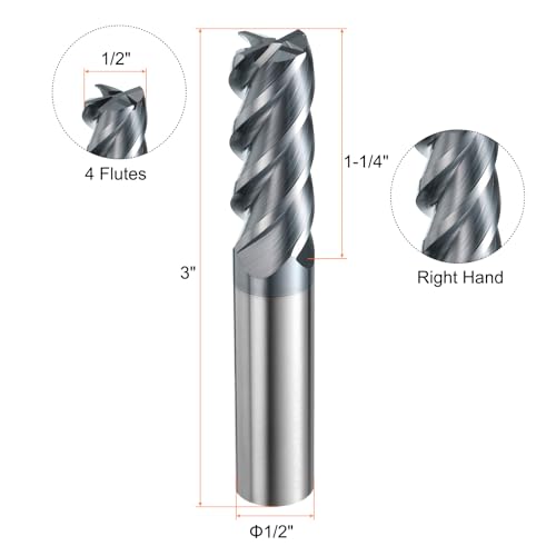 Image of HARFINGTON Carbide Square Nose End Mill Bit 1 /2 inch Cut Dia 4 Flutes TiAlN Coated Milling Cutter for Hardened Steel Metal (1 /2 inch Shank 1-1 /4 inch Cut Length 3 inch Long 45 Degree Helix HRC49-51)