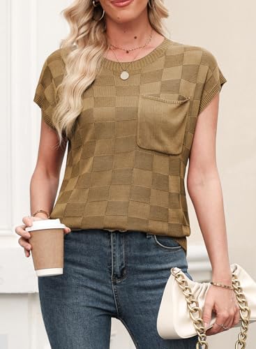 Image of SHEWIN Womens Fall Tops for Women Casual Crewneck Short Sleeve Shirts Cap Sleeve Knit Sweater Vest Summer Tops
