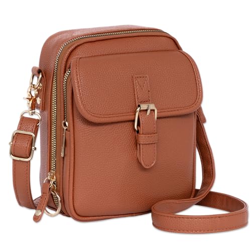 Small Crossbody Bags for Women, Vegan Leather Messenger Bag Anti-theif, 10 Card Slots Cell Phone Purse with Crossbody Strap, Triple Compartments Brown Shoulder Bag for Travel Shopping Dating