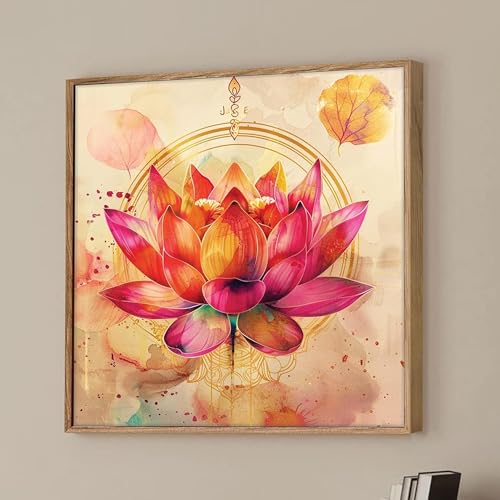 Image of Pink Vastu Lotus Framed Canvas Wall Art Painting for Living Room | Elegant Floral Artwork Painting with Frame | Modern Spiritual Wall Decor for Home, Bedroom & Office, 23x23 Inch