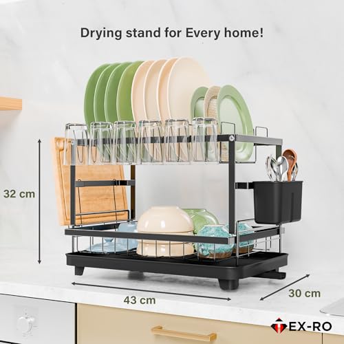 Image of TEX-RO 2 Tier Dish Drying Rack for Kitchen with Drainer Tray | Utensils Drying Rack with Cutlery Holder | Glass Holder & Cutting Board Holder | Anti-Rust Steel Dish Rack Kitchen Organizer (Black)
