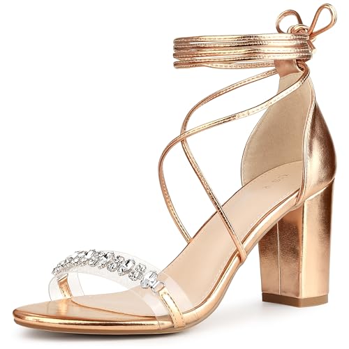 Perphy Crystal Rhinestones Strap Lace Up Chunky Heel Sandals for Women
