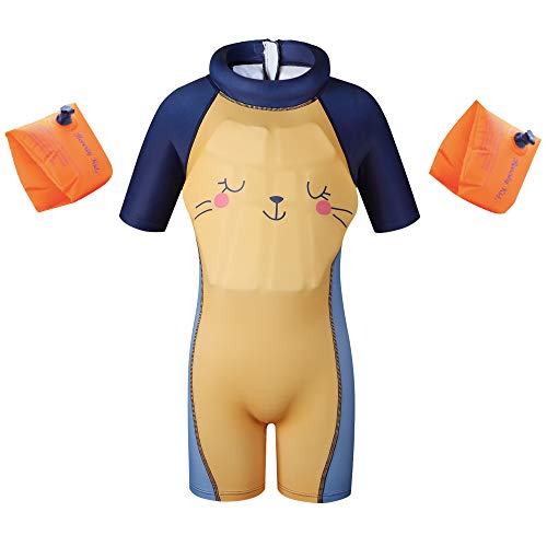 Kids Swimsuits Floatation Swimsuits One-Piece Swimsuits with Sun Hats (s(31.4inï¼35.4in Height), Yellow(Smile)