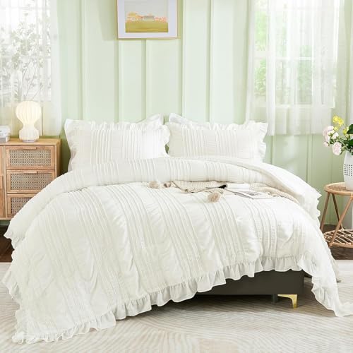 WONGS BEDDING Comforter Full Size, White Ruffle Comforter for Full Bed, Soft Seersucker Textured Bedding Set Full Size Comforter Sets for Girls 90