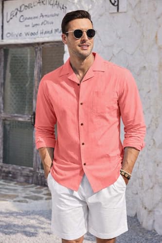 Image of Zombom Men's Cotton Blend Shirt with Full Sleeves Solid Pattern Cuban Collar Neck Line Regular Fit and Standard Length | Solid Shirt for Man Cotton | Shirts for Mans