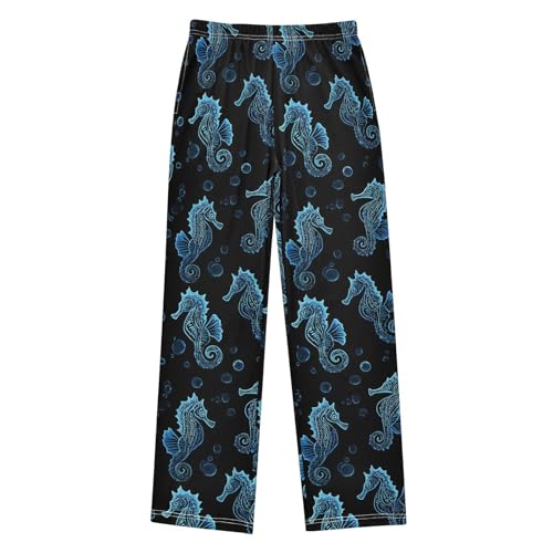 ALAZA Blue Seahorse Black Pajama Lounge Pants Long Sleep Pajama Bottoms with Pockets