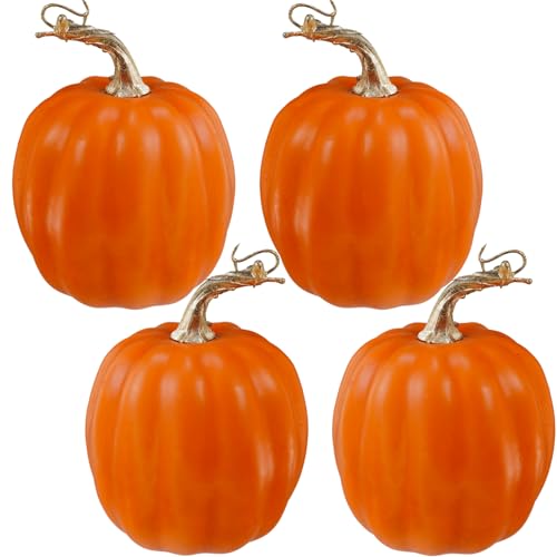 Winlyn 4 Pcs Artificial Orange Pumpkins Fall Harvest Faux Foam
