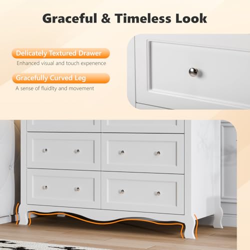 Image of VINGLI White Dresser 6 Drawer, Wood Dresser Chest of Drawers, Clothes Dressers for Bedroom with Curved Legs and Grooved Drawer Front, French, 47.24 inch W*15.75 inch D*33 inch H