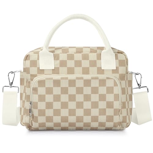 TESAFNG Lunch Box for Women Insulated Lunch Bag Cute Corduroy Lunch Tote Bags Lightweight Reusable Leakproof Cooler Bag with Adjustable Shoulder Strap for Work Office Travel Picnic (Checkered Khaki)