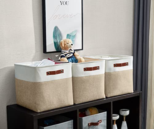 Image of DECOMOMO Foldable Storage Bin Collapsible Sturdy Cationic Fabric Storage Basket Cube W /Handles for Organizing Shelf Nursery Home Closet (Beige and White, Medium - 11 x 11 x 11-4 Pack)