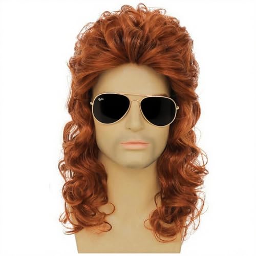 Siudus Mullet Wigs for Men Orange 70s 80s Long Curly Rocker 