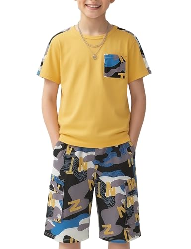 Image of mksodopy Boys Summer Outfit Set 2 Piece T Shirt and Camo Shorts Casual Clothes for Little Big Boys 5-16