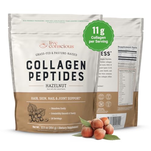 Image of Live Conscious Collagen Peptides Powder - Hazelnut Flavored Collagen Powder - Hair, Skin, Nail, & Joint Support - Type I & III Grass-Fed Collagen Supplements for Women and Men - 30 Serving - 12.4oz