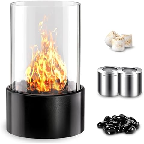 Tabletop Fire Pit Indoor Outdoor: PalProt® 10" Table Top Firepit with Glass Rocks - Stainless Steel Round Fireplace Small Home Decor - Long Lasting Flame: 2 Replaceable Burners | House Warming Gifts Cover