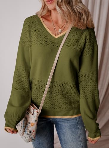 Image of SHEWIN Women's Sweaters Casual Long Sleeve V Neck Crewneck Lightweight Crochet Pullover Sweater Tops