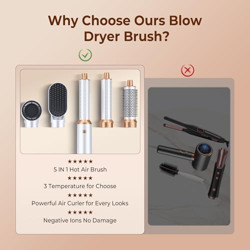 Image of 5 in 1 Blow Dryer Brush, Upgrade Hair Dryer Brush Air Curler Air Curling Wrap Styler, Detachable Hot Air Brush Negative Ion Curling Brush Iron, Hair Styling Tools for Drying Curling Straightening