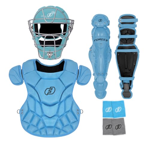 FORCE3 Intermediate Defender Full Catchers Set - Meets NOCSAE - Ages 12-16 (Sky Blue Small Helmet)