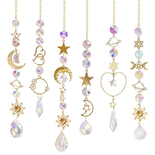GioXtra Crystal Suncatcher Window Hanging - 6Pcs Gold Crystal Prism Hanging Ornament Chain Rainbow Maker Sun Catcher Pendant Home Room Garden Window Wall Decoration Girl Birthday Wedding Party Decor -  Crystal Suncatcher for Window Hanging