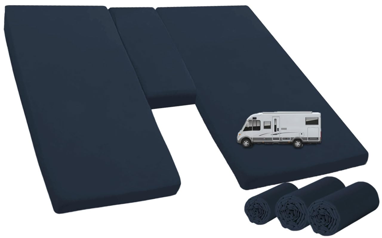 Spannbettlaken 3-teiliges Spannbettlaken-Set für Wohnmobile/-Wagen, mit elastischem Gummizug und großem Mittelstück 70x190-85x210 + 60x120cm (Marine)