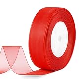Quhora 1' x 50 Yards Sheer Organza Ribbon for Gift Wrapping, Christmas, Halloween, Wedding Decor & Crafts, Bows in Red
