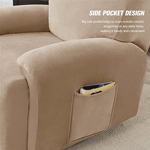 Miniatura 4 de Highdi Funda De Sillón Relax Elástica Para Sillón Reclinable, Funda Reclinable Terciopelo 4 Piezas Con Bolsillos Laterales, Antideslizante Extraíbles Y Lavables Fundas Protector Camello