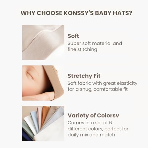 Konssy 6-Pack Baby Beanie Hats for Newborns, Soft Infant Caps for Boys & Girls, 0-6 Months4