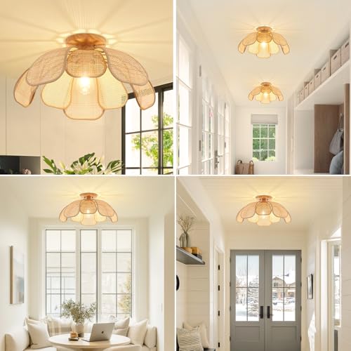 Image of 20 Inch Boho Flower Ceiling Light Flush Mount Rattan Light Fixture